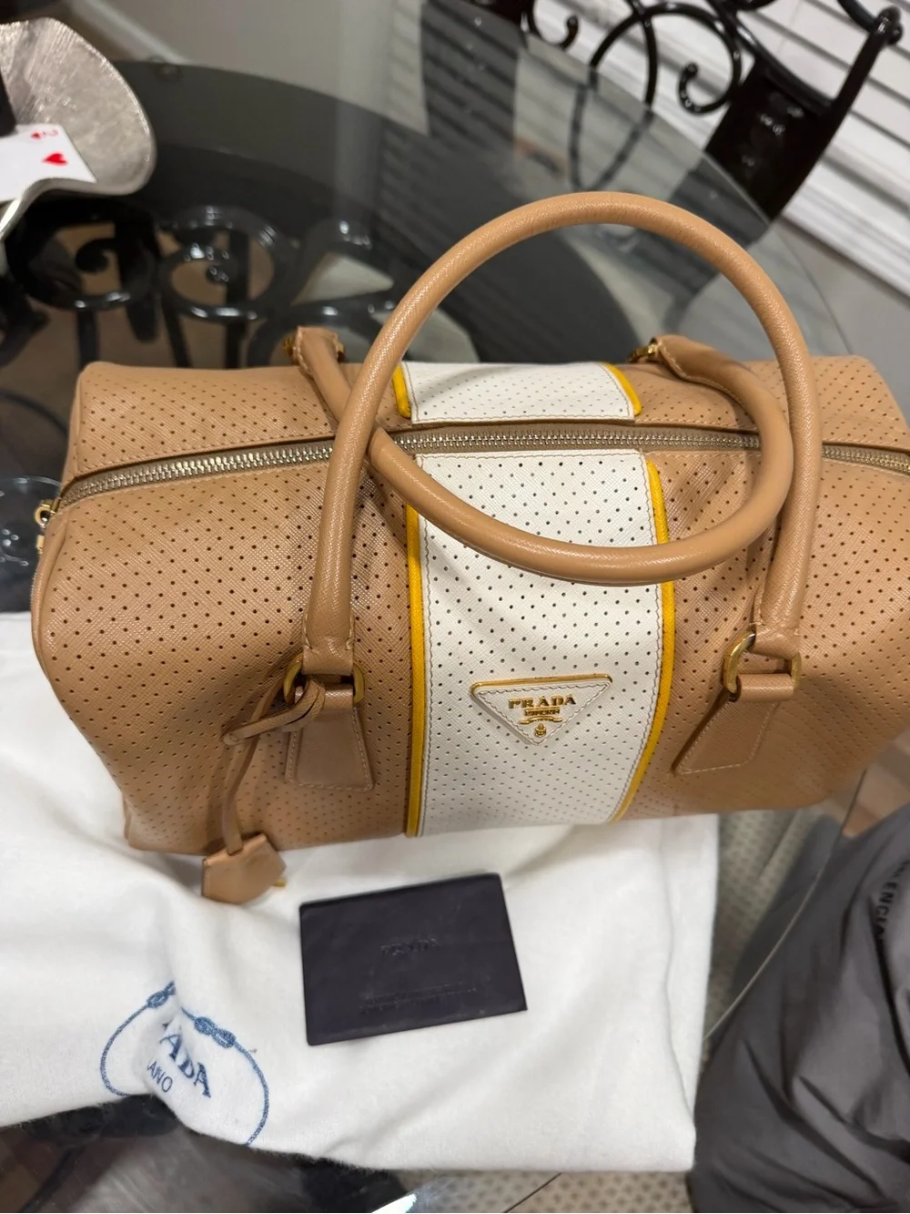 Prada Beige and White Perforated Leather Satchel with Yellow Trim